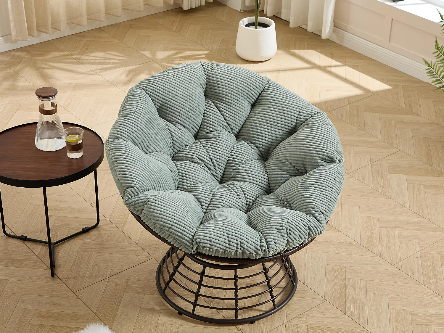 Papasan lounge stoel bohemien stijl, 360° draaibaar, eivormig van PE-rotan met dik kussen voor woonkamer en balkon