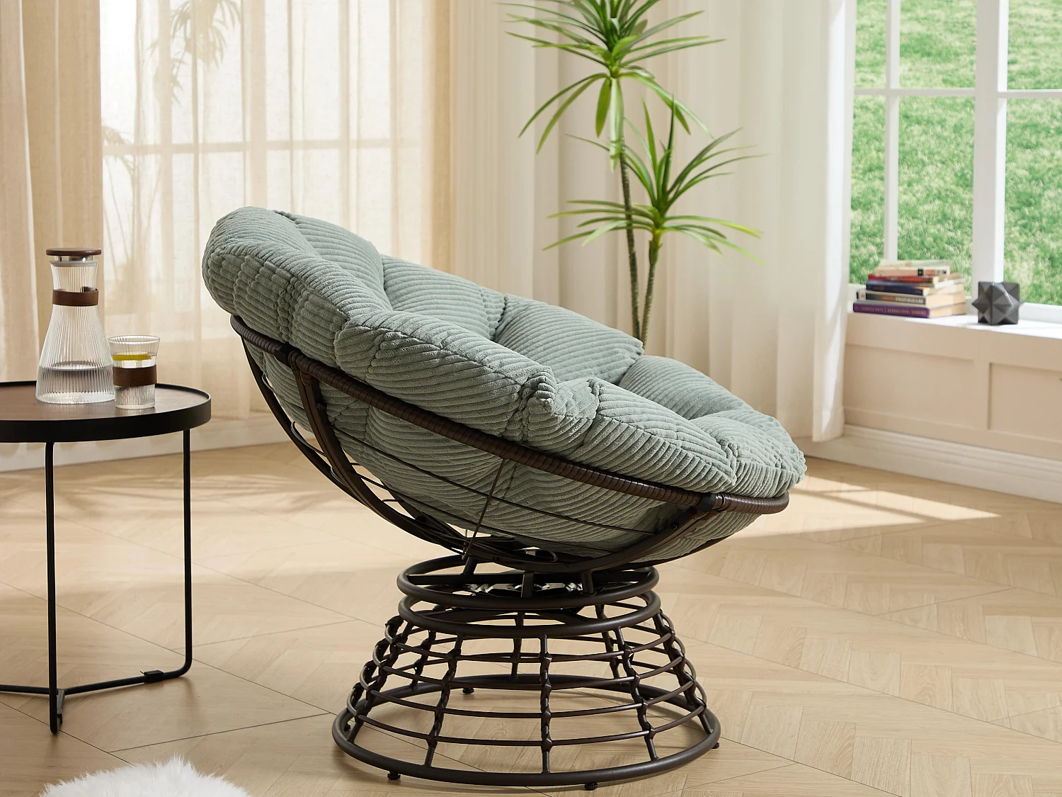 Papasan lounge stoel bohemien stijl, 360° draaibaar, eivormig van PE-rotan met dik kussen voor woonkamer en balkon