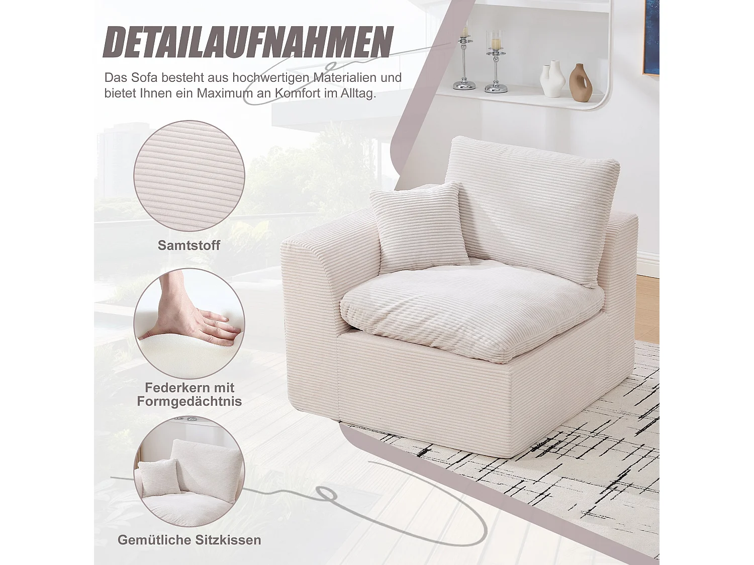 Fauteuil modulable en velours côtelé, Mousse mémoire et ressorts, Canapé compressé 1 places