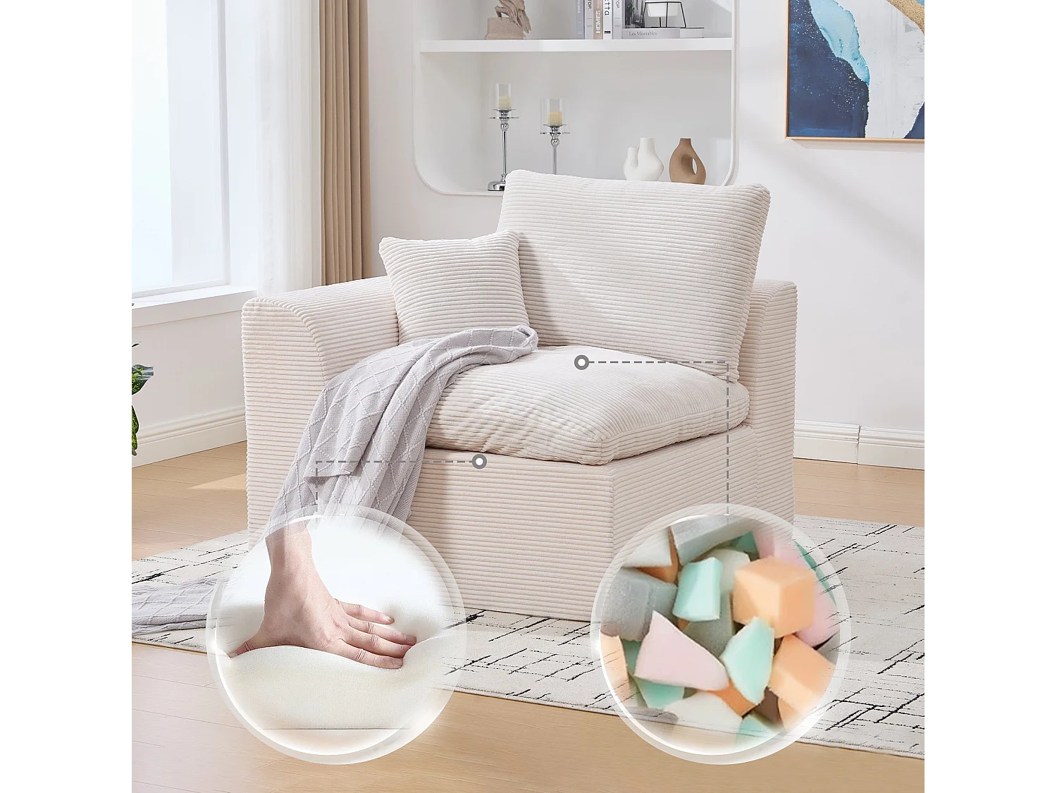 Fauteuil modulable en velours côtelé, Mousse mémoire et ressorts, Canapé compressé 1 places