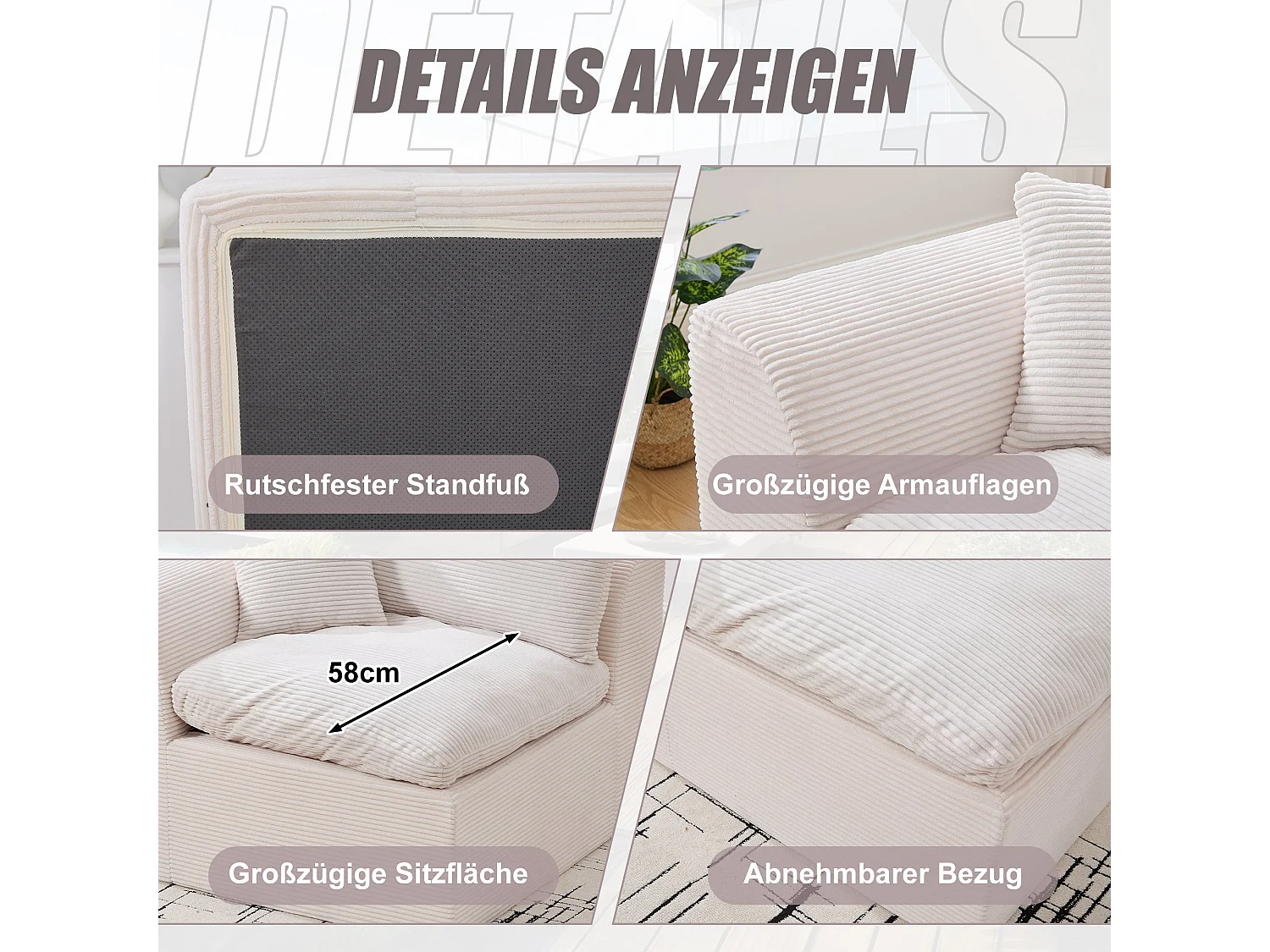 Fauteuil modulable en velours côtelé, Mousse mémoire et ressorts, Canapé compressé 1 places