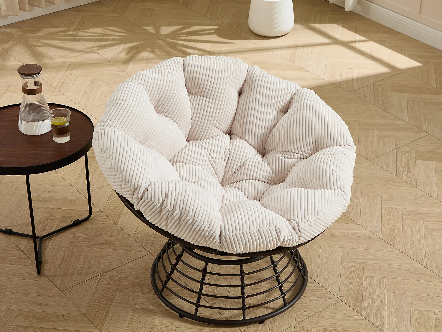 Papasan lounge stoel bohemien stijl, 360° draaibaar, eivormig van PE-rotan met dik kussen voor woonkamer en balkon