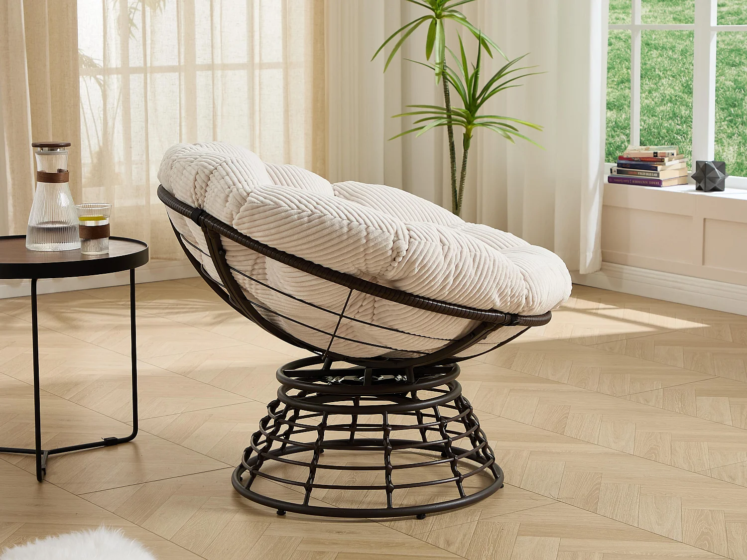 Papasan lounge stoel bohemien stijl, 360° draaibaar, eivormig van PE-rotan met dik kussen voor woonkamer en balkon