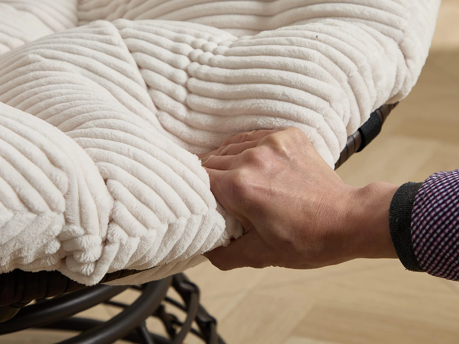 Papasan lounge stoel bohemien stijl, 360° draaibaar, eivormig van PE-rotan met dik kussen voor woonkamer en balkon