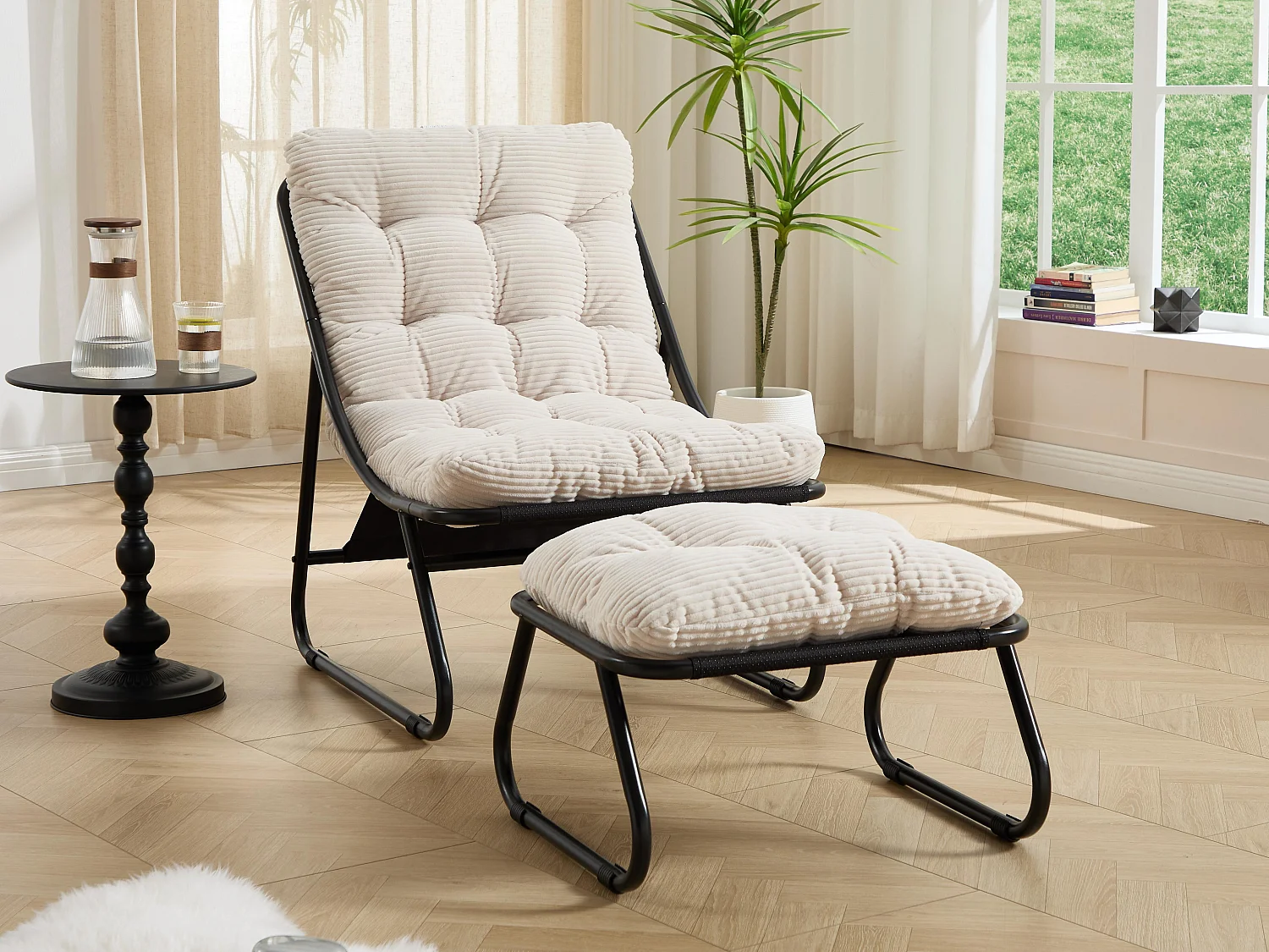 Fauteuil extérieur en acier avec coussin, pouf offert, chaise de jardin moderne pour terrasse et balcon