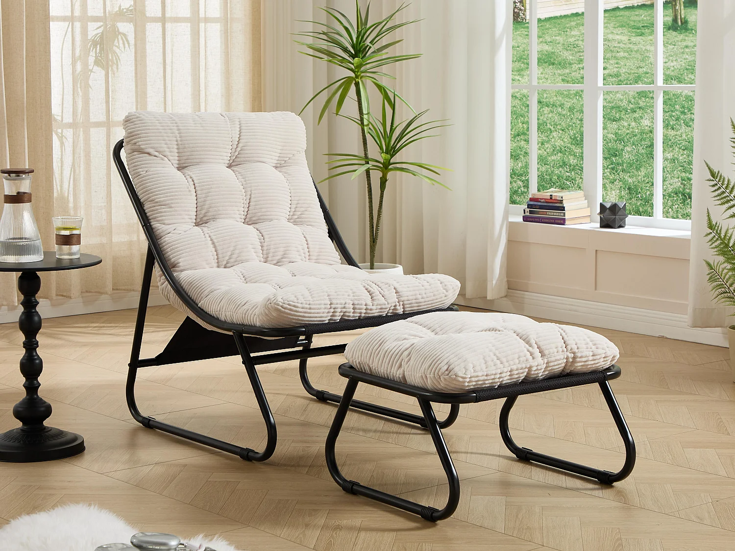 Fauteuil extérieur en acier avec coussin, pouf offert, chaise de jardin moderne pour terrasse et balcon