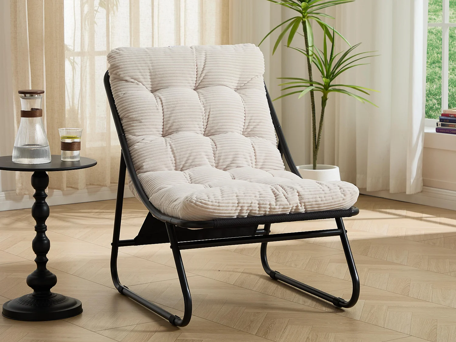 Fauteuil extérieur en acier avec coussin, pouf offert, chaise de jardin moderne pour terrasse et balcon