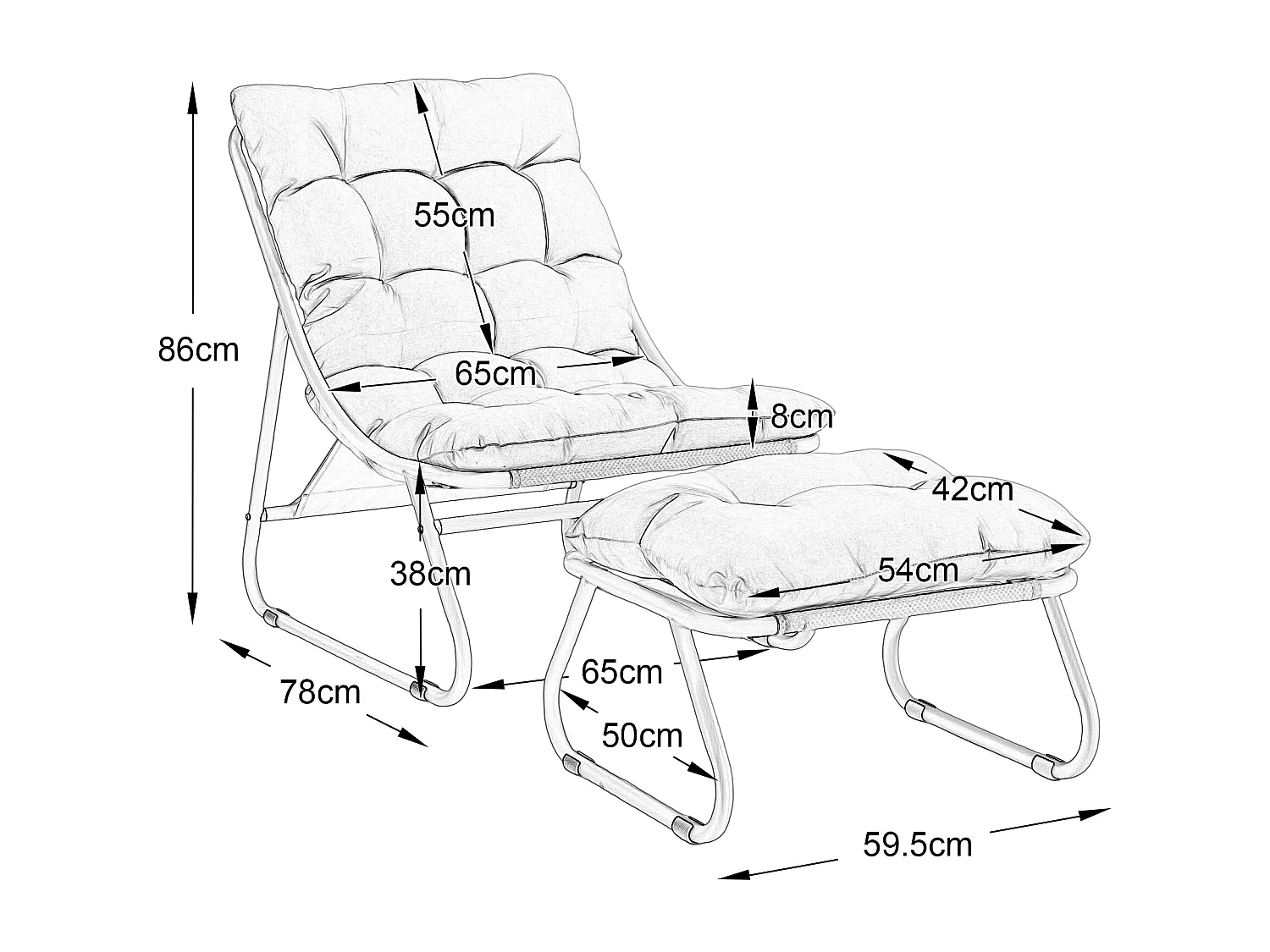 Fauteuil extérieur en acier avec coussin, pouf offert, chaise de jardin moderne pour terrasse et balcon