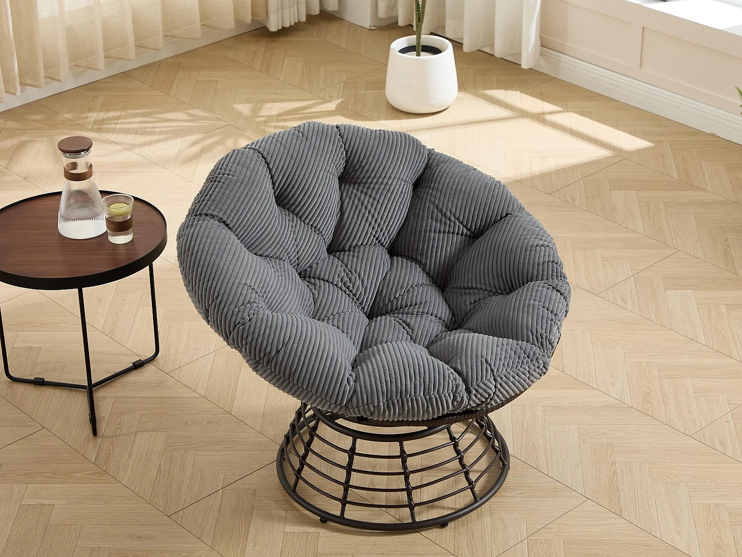 Fauteuil lounge papasan style bohème, pivotant 360° forme œuf en rotin PE avec coussin épais pour salon et balcon