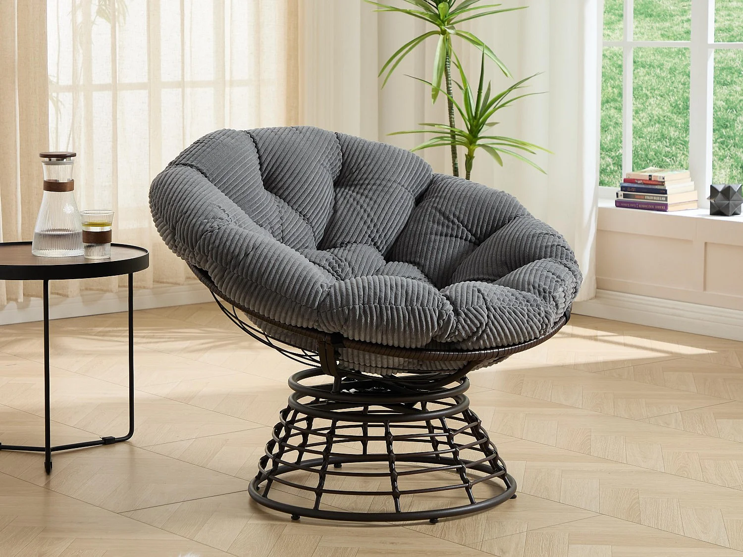 Fauteuil lounge papasan style bohème, pivotant 360° forme œuf en rotin PE avec coussin épais pour salon et balcon