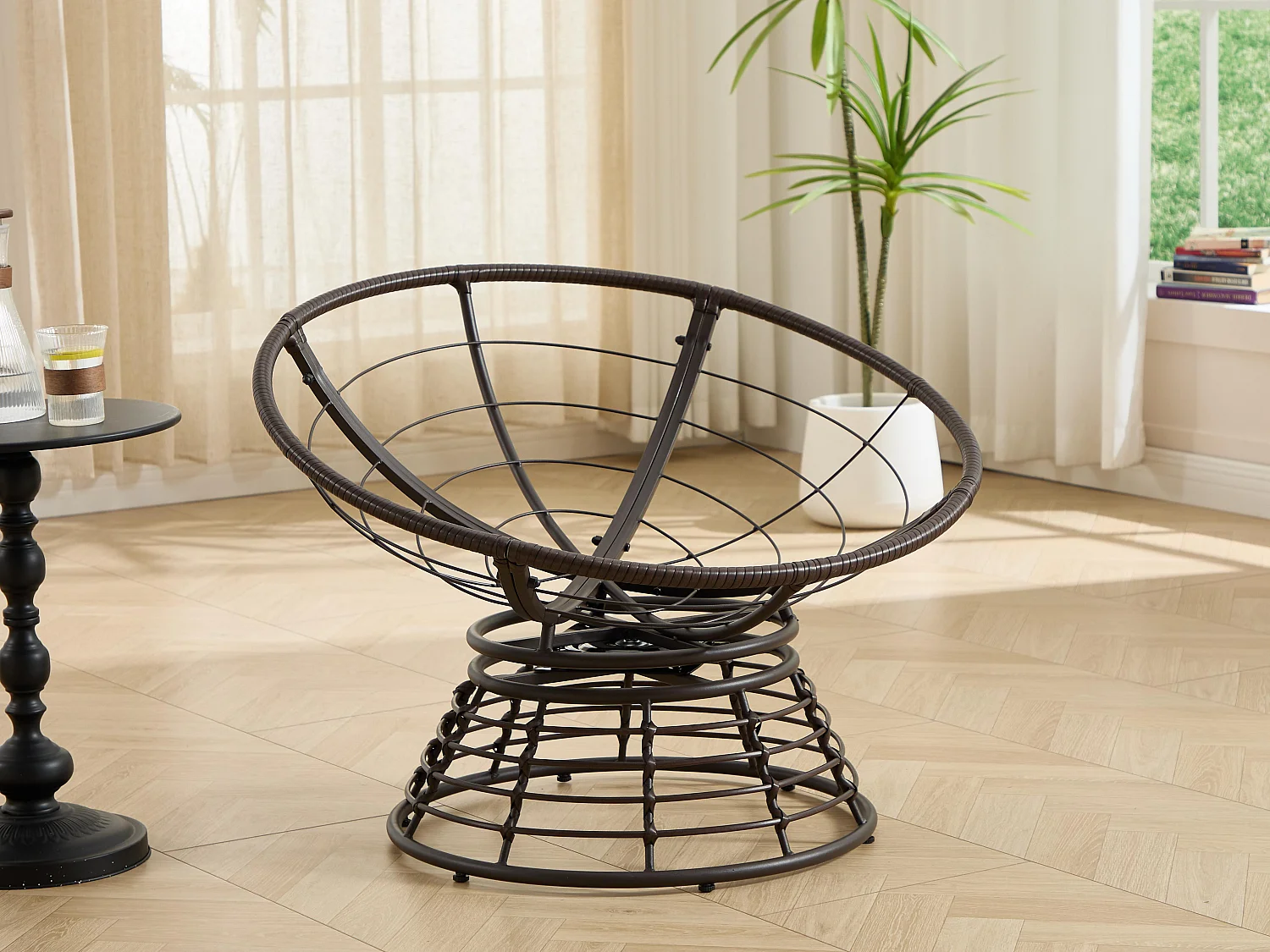 Fauteuil lounge papasan style bohème, pivotant 360° forme œuf en rotin PE avec coussin épais pour salon et balcon