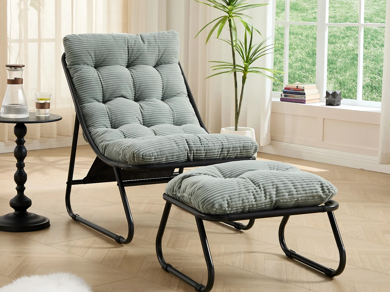 Fauteuil extérieur en acier avec coussin, pouf offert, chaise de jardin moderne pour terrasse et balcon