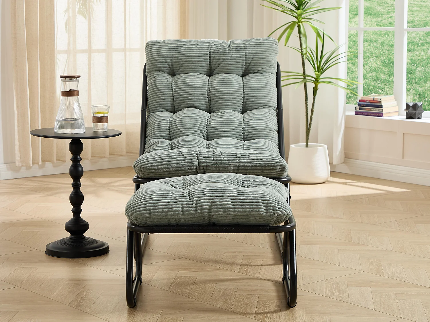 Fauteuil extérieur en acier avec coussin, pouf offert, chaise de jardin moderne pour terrasse et balcon