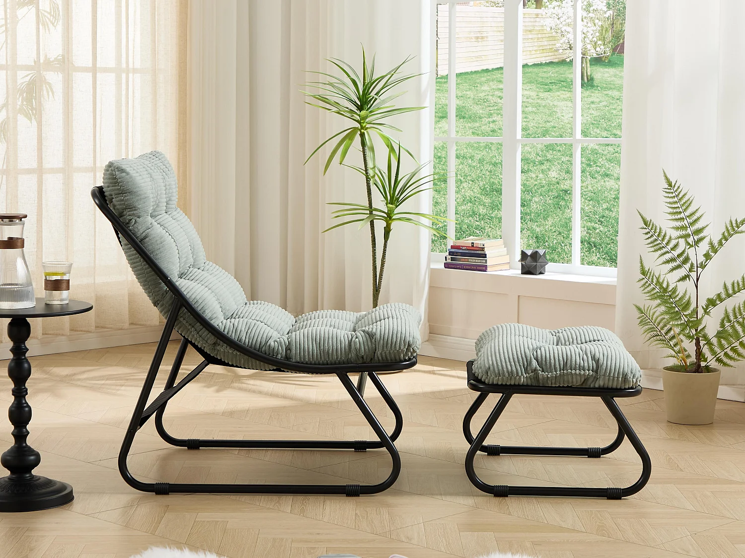 Fauteuil extérieur en acier avec coussin, pouf offert, chaise de jardin moderne pour terrasse et balcon