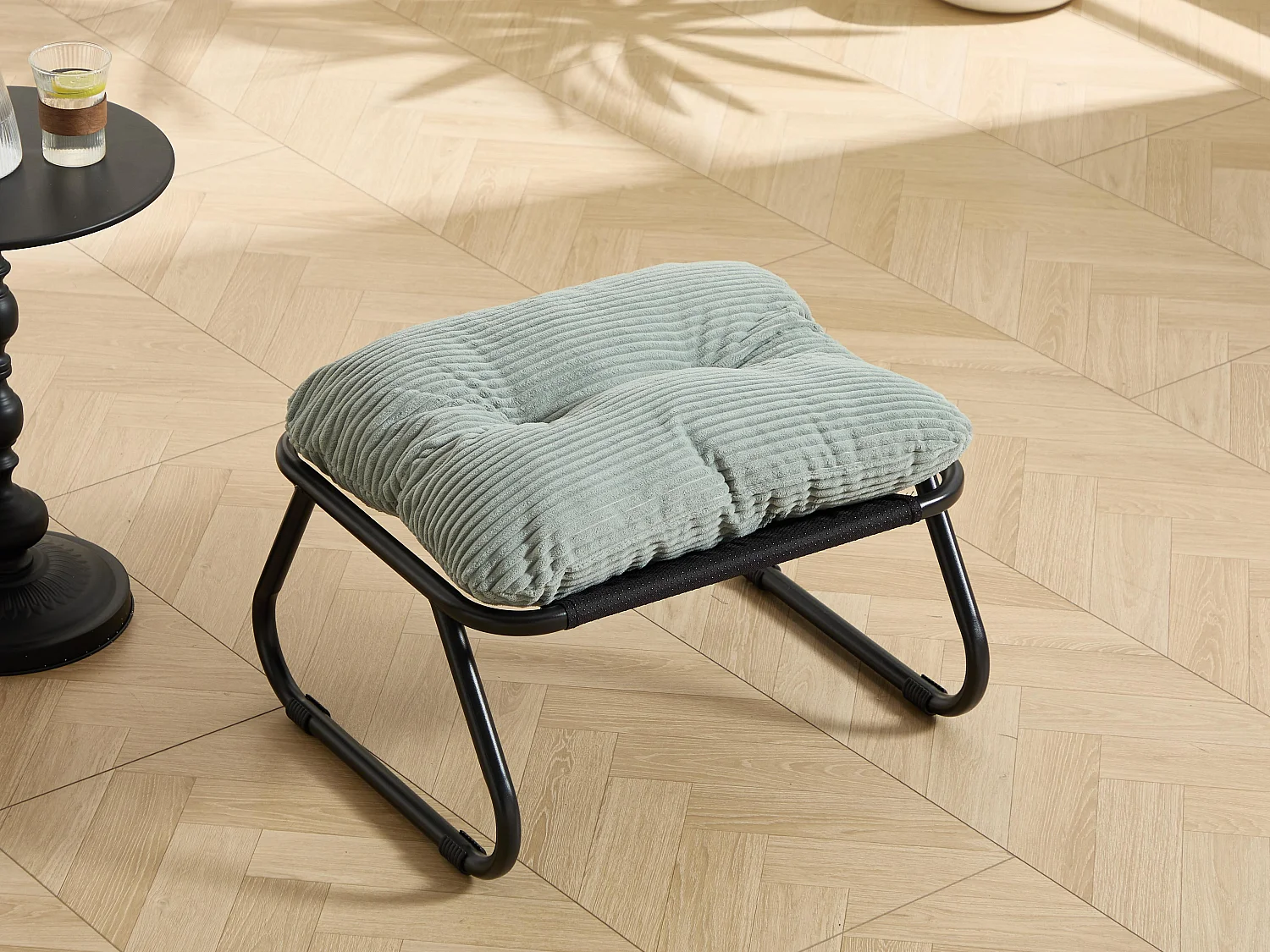 Fauteuil extérieur en acier avec coussin, pouf offert, chaise de jardin moderne pour terrasse et balcon