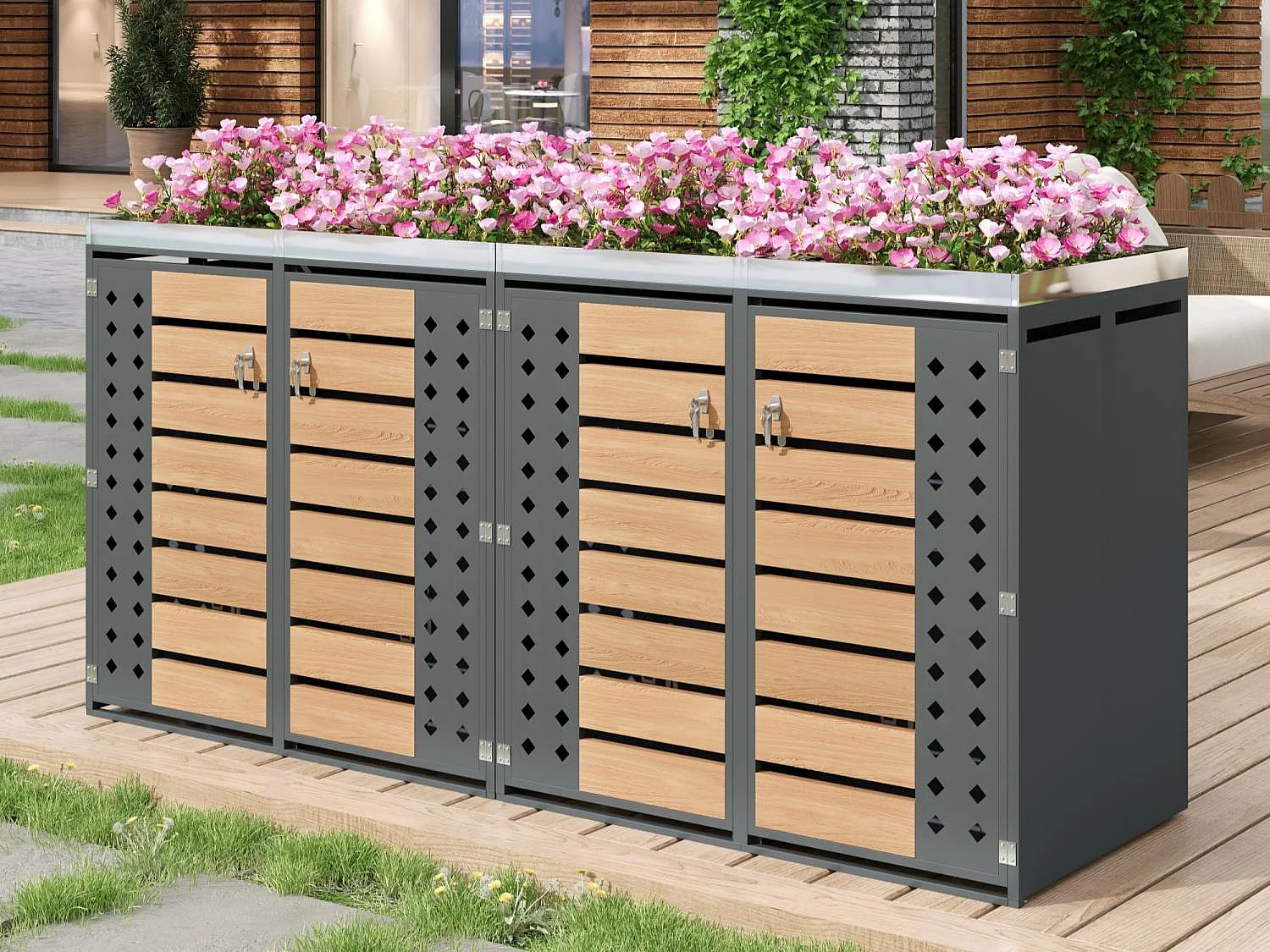 Abri poubelle jardin design 4 portes double bac tri avec jardinière intégrée, acier galvanisé et bois, 264x124,5x80 cm