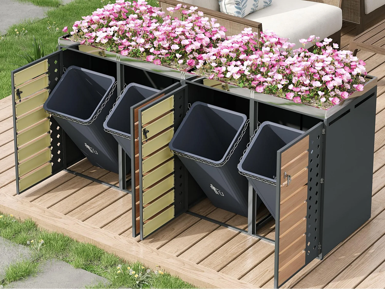 Abri poubelle jardin design 4 portes double bac tri avec jardinière intégrée, acier galvanisé et bois, 264x124,5x80 cm