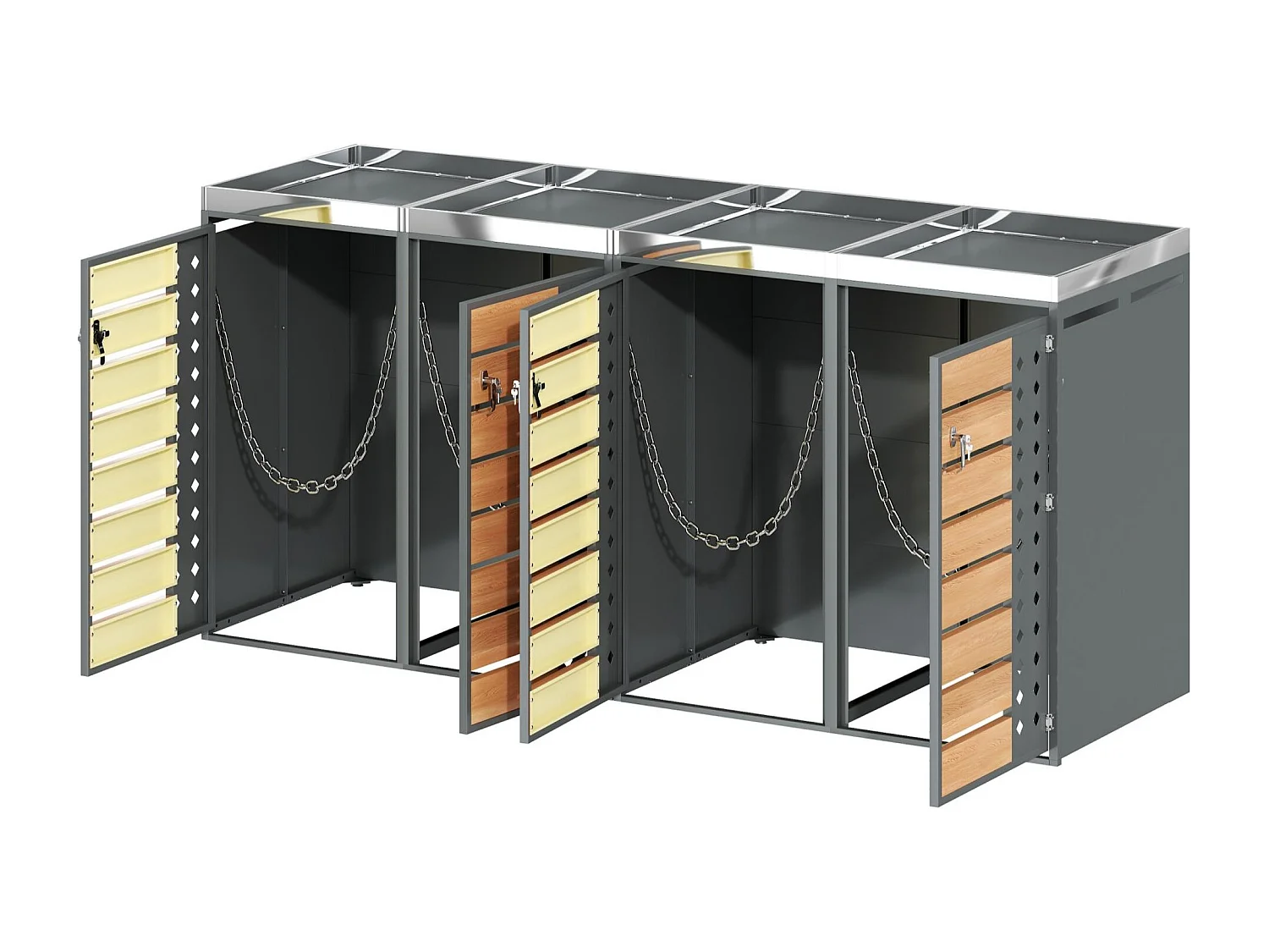 Abri poubelle jardin design 4 portes double bac tri avec jardinière intégrée, acier galvanisé et bois, 264x124,5x80 cm