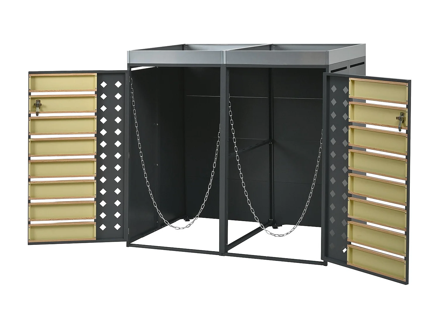 Abri poubelle jardin design 4 portes double bac tri avec jardinière intégrée, acier galvanisé et bois, 264x124,5x80 cm