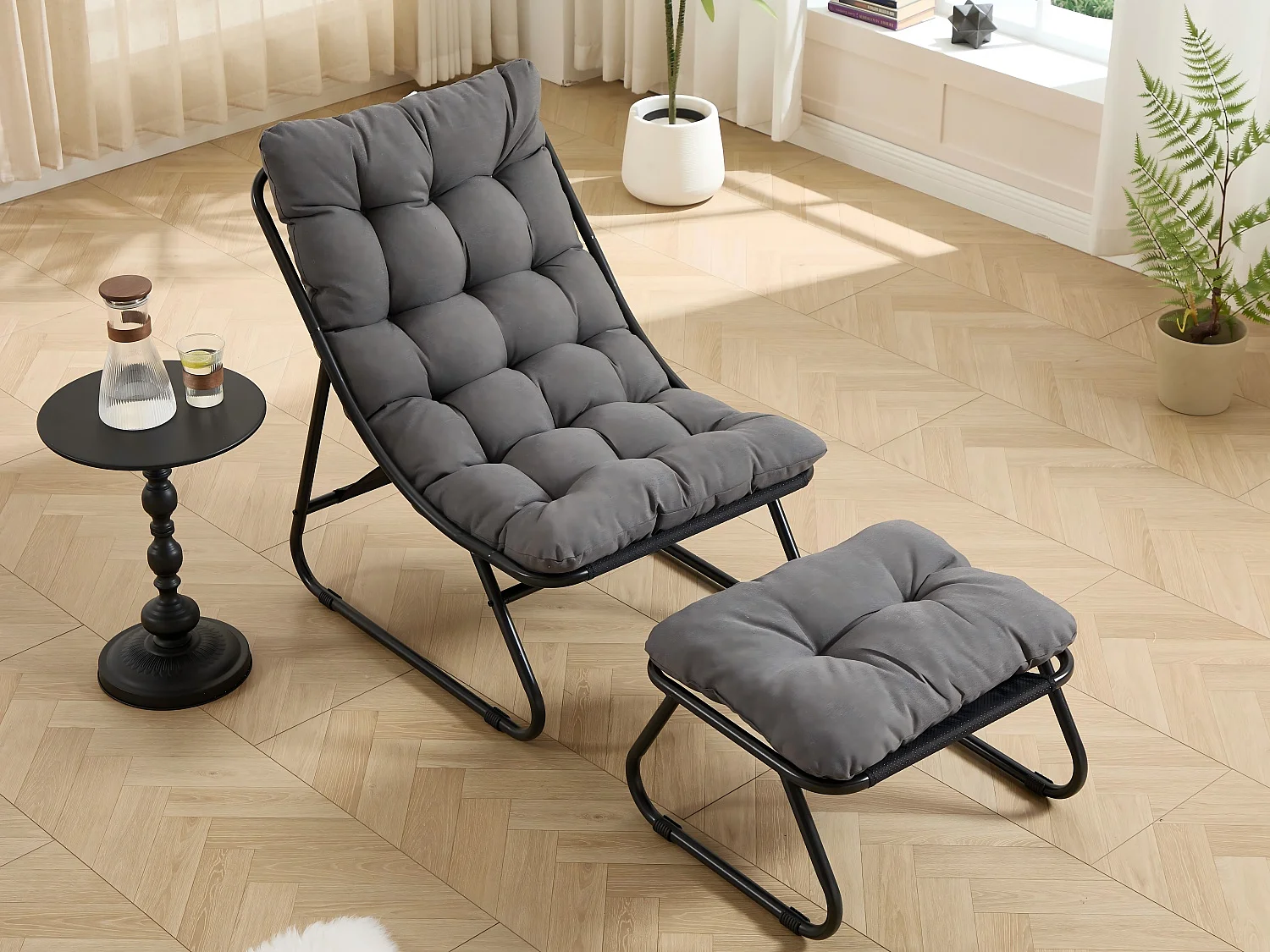 Fauteuil extérieur en acier avec coussin, pouf offert, chaise de jardin moderne pour terrasse et balcon