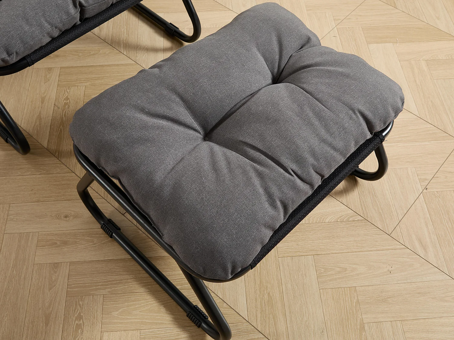 Fauteuil extérieur en acier avec coussin, pouf offert, chaise de jardin moderne pour terrasse et balcon