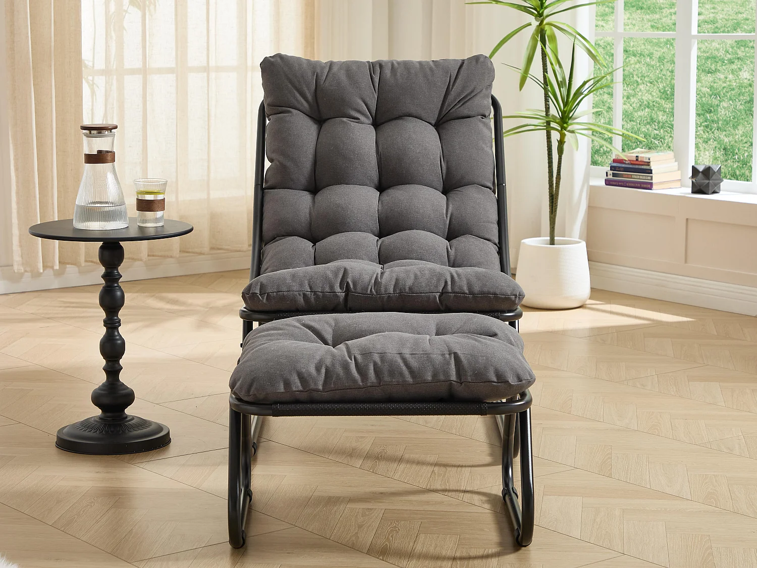 Fauteuil extérieur en acier avec coussin, pouf offert, chaise de jardin moderne pour terrasse et balcon