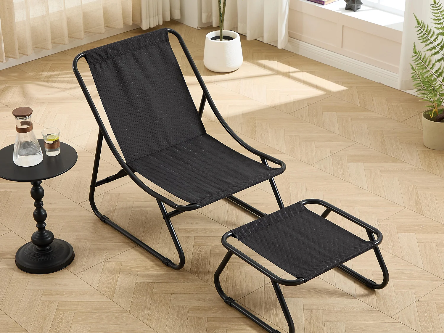 Fauteuil extérieur en acier avec coussin, pouf offert, chaise de jardin moderne pour terrasse et balcon