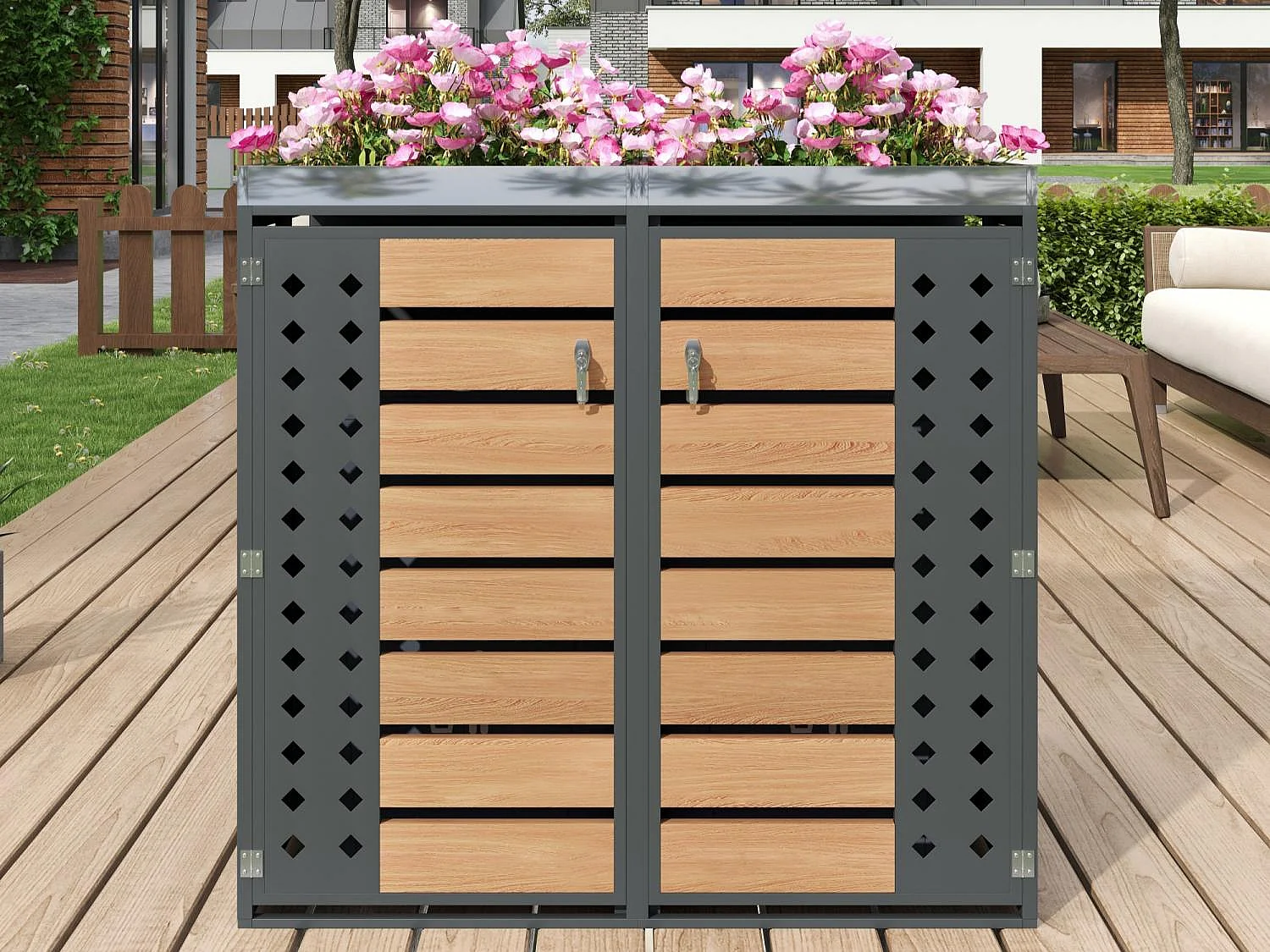 Abri poubelle jardin design double bac tri avec jardinière intégrée, acier galvanisé et bois, 132x80x124,5 cm