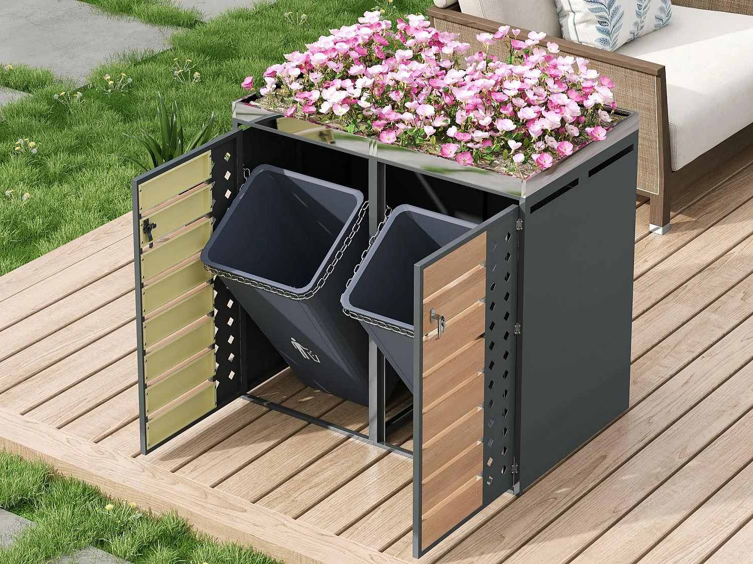 Abri poubelle jardin design double bac tri avec jardinière intégrée, acier galvanisé et bois, 132x80x124,5 cm