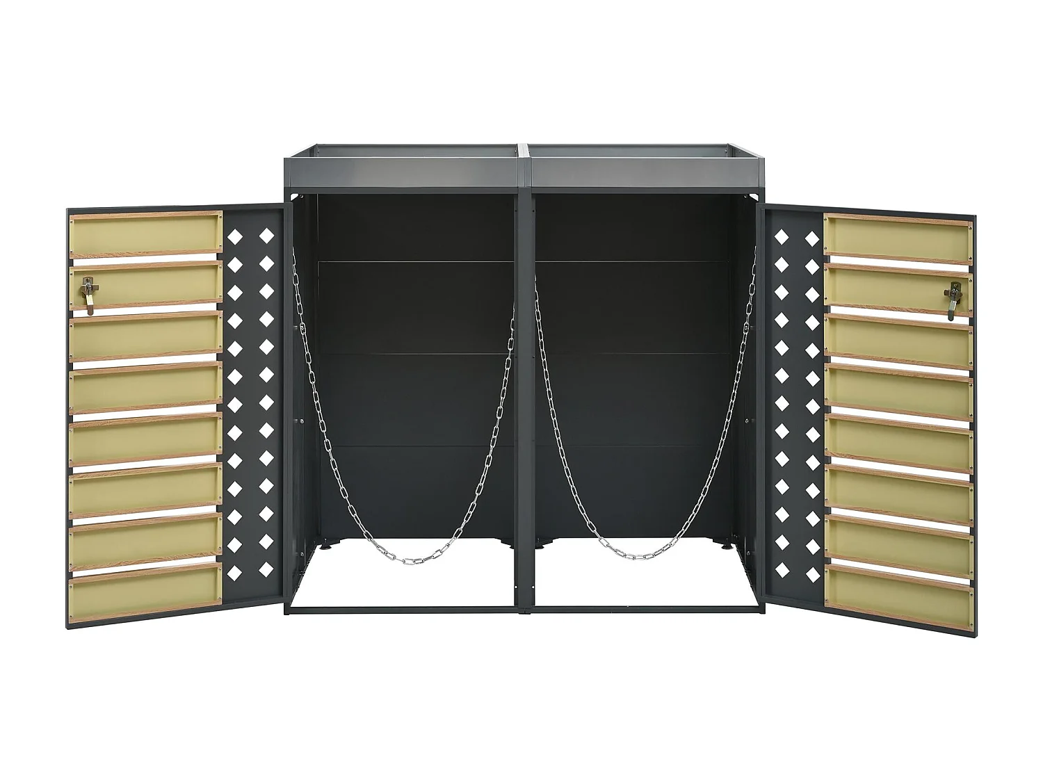 Abri poubelle jardin design double bac tri avec jardinière intégrée, acier galvanisé et bois, 132x80x124,5 cm