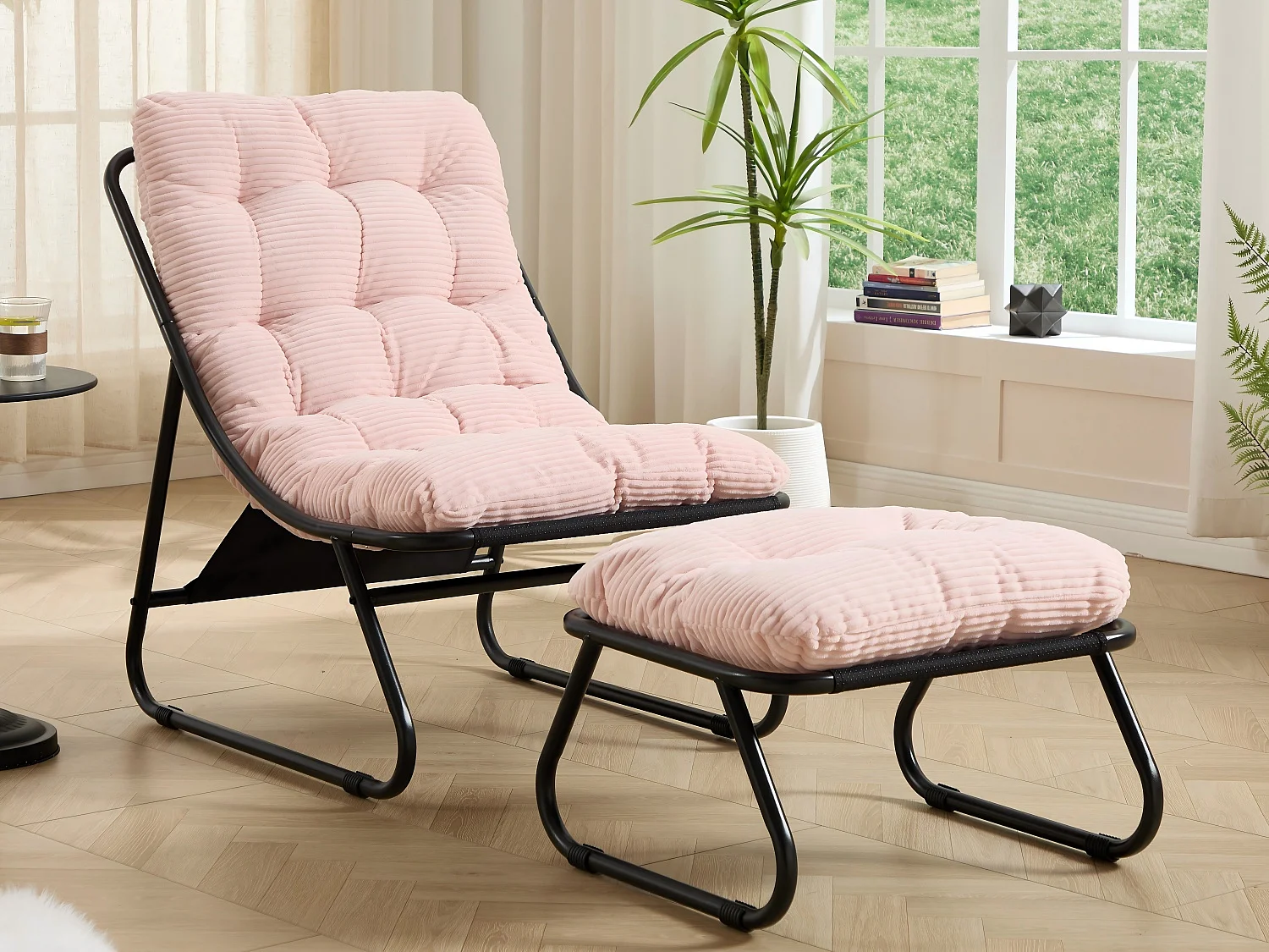 Fauteuil extérieur en acier avec coussin, pouf offert, chaise de jardin moderne pour terrasse et balcon