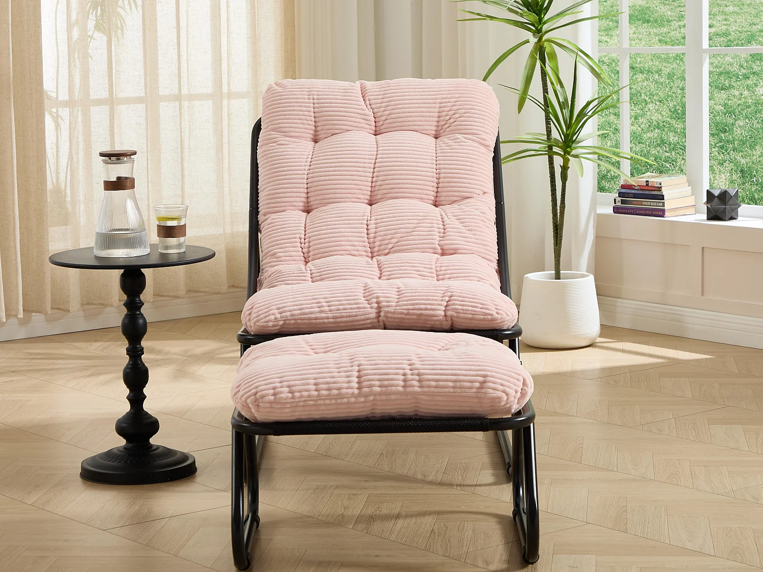 Fauteuil extérieur en acier avec coussin, pouf offert, chaise de jardin moderne pour terrasse et balcon