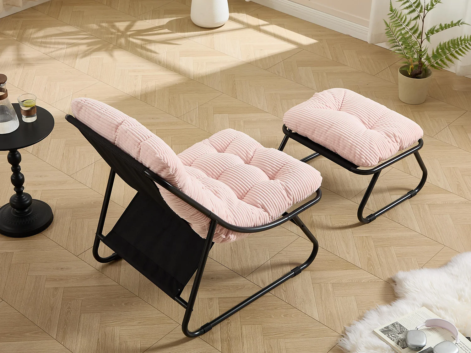 Fauteuil extérieur en acier avec coussin, pouf offert, chaise de jardin moderne pour terrasse et balcon