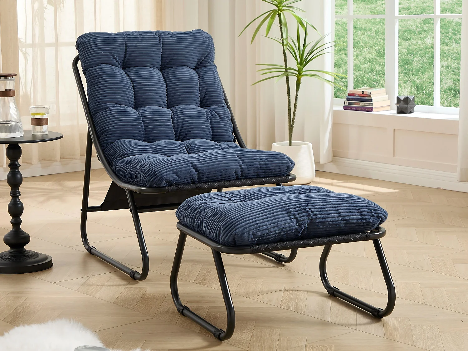 Fauteuil extérieur en acier avec coussin, pouf offert, chaise de jardin moderne pour terrasse et balcon