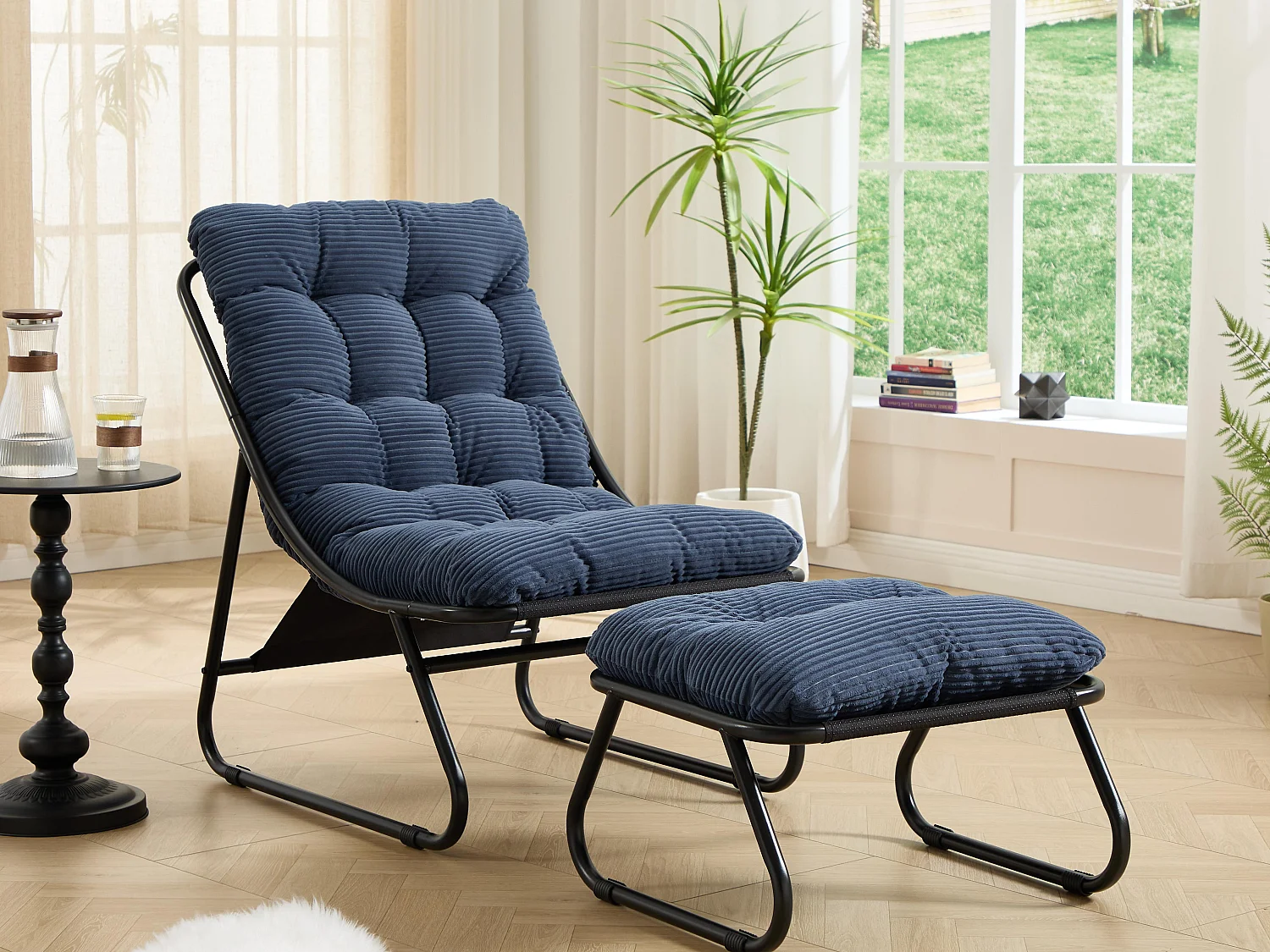 Fauteuil extérieur en acier avec coussin, pouf offert, chaise de jardin moderne pour terrasse et balcon