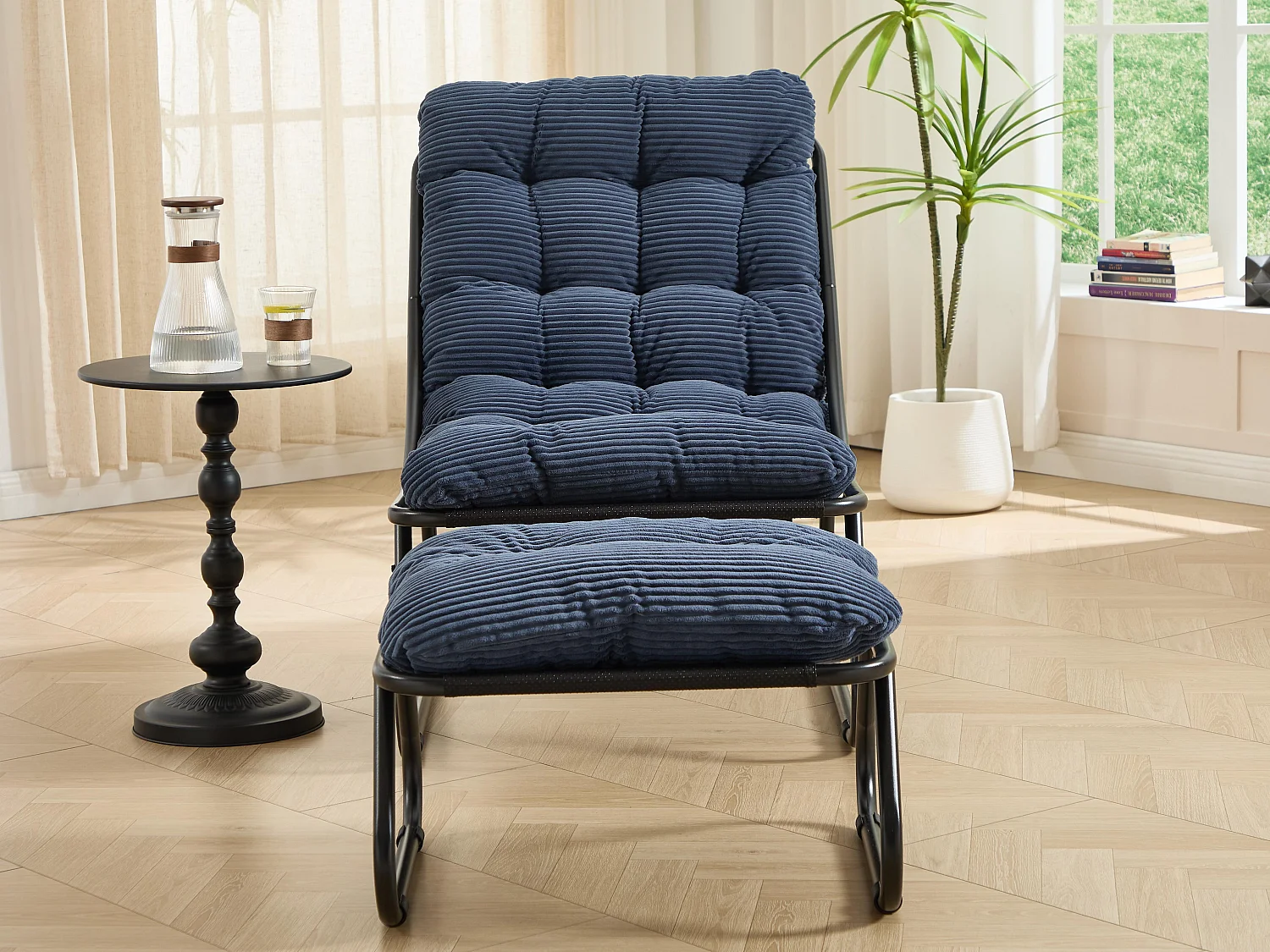 Fauteuil extérieur en acier avec coussin, pouf offert, chaise de jardin moderne pour terrasse et balcon