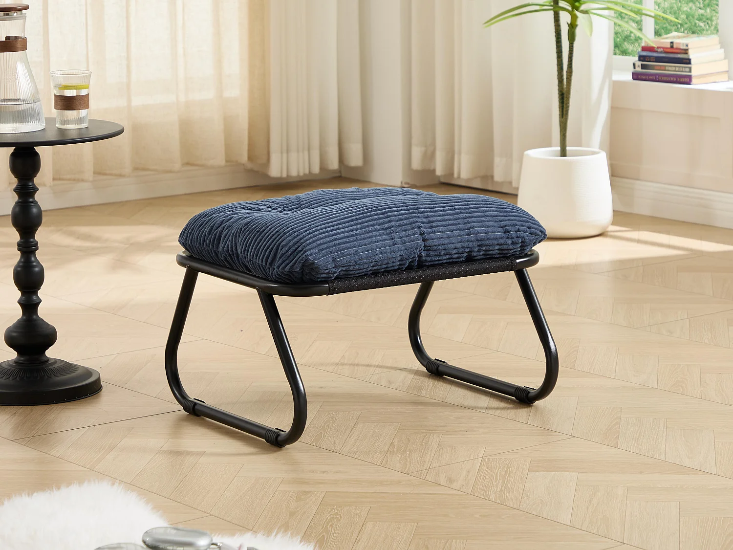 Fauteuil extérieur en acier avec coussin, pouf offert, chaise de jardin moderne pour terrasse et balcon