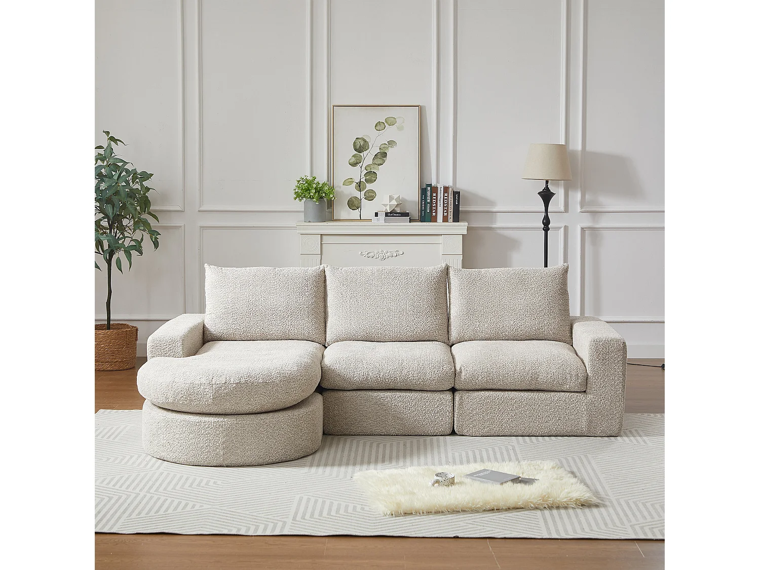Canapé Compressé Modulable en Tissu Chenille avec Méridienne Réversible, Confort Moelleux Beige
