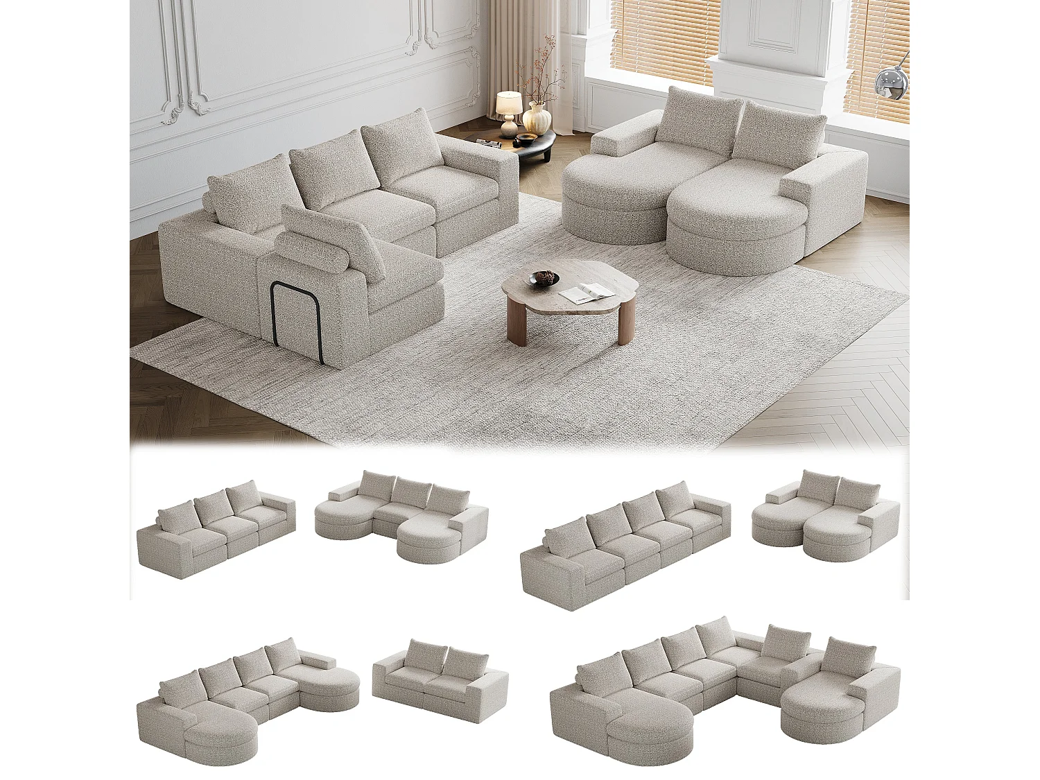 Canapé Compressé Modulable en Tissu Chenille avec Méridienne Réversible, Confort Moelleux Beige