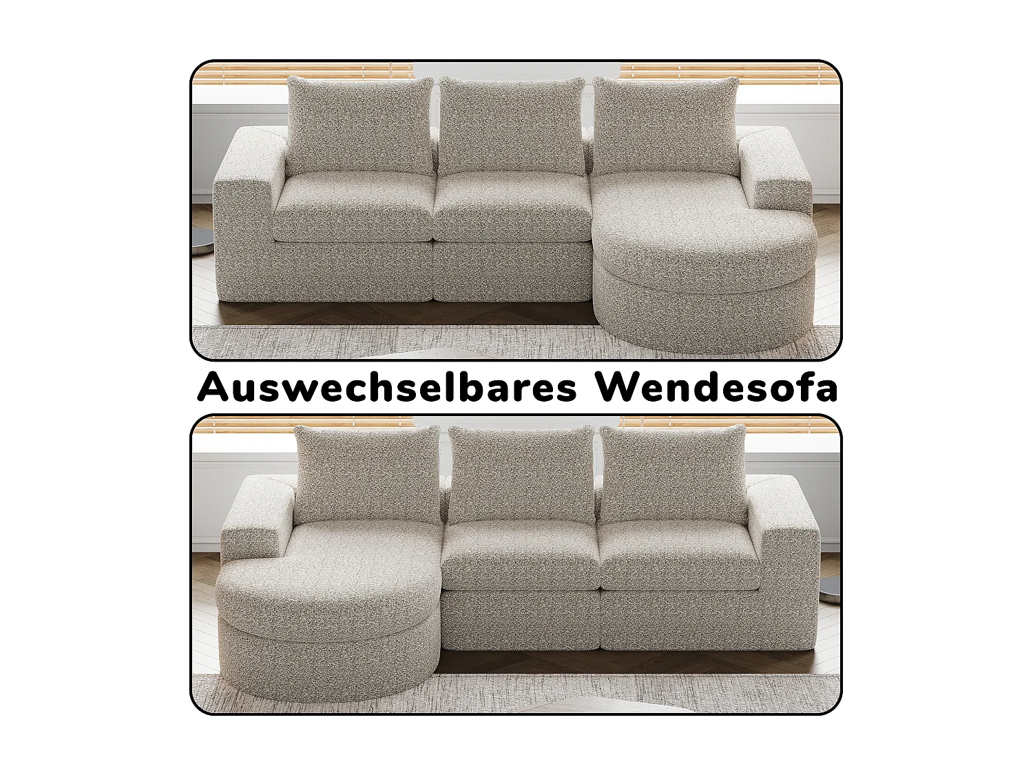 Canapé Compressé Modulable en Tissu Chenille avec Méridienne Réversible, Confort Moelleux Beige