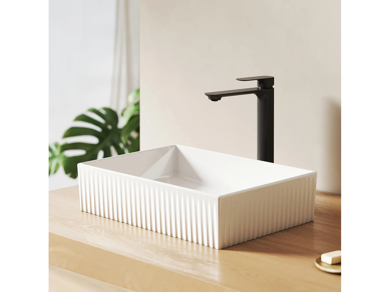 EMKE Vasque à poser rectangulaire en céramique blanche avec reliefs 45x32x11 cm