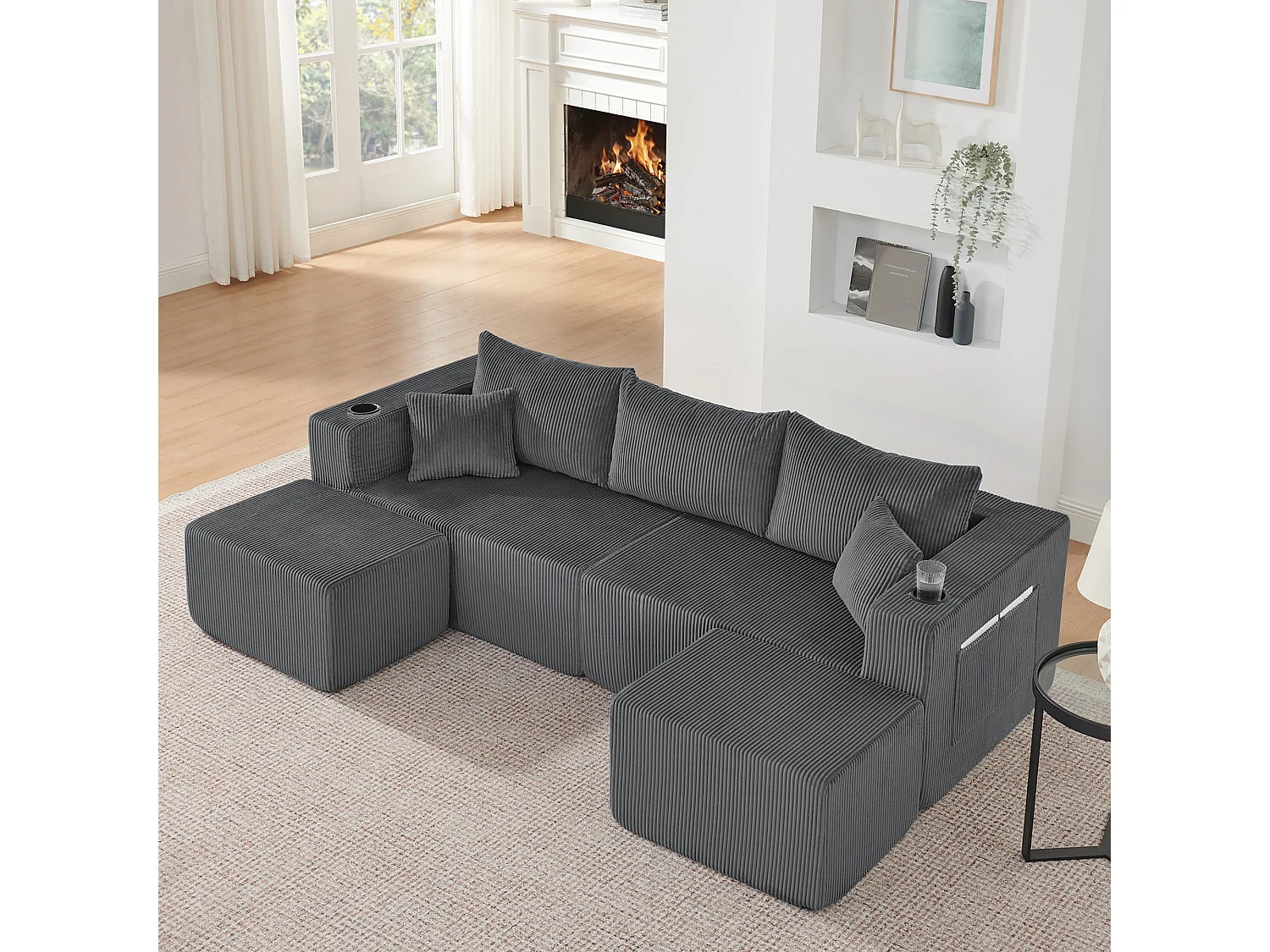 Canapé d'angle modulaire 3 places, compressé, avec ottoman, tissu velours côtelé, porte-gobelets, poche latérale et coussins, gris