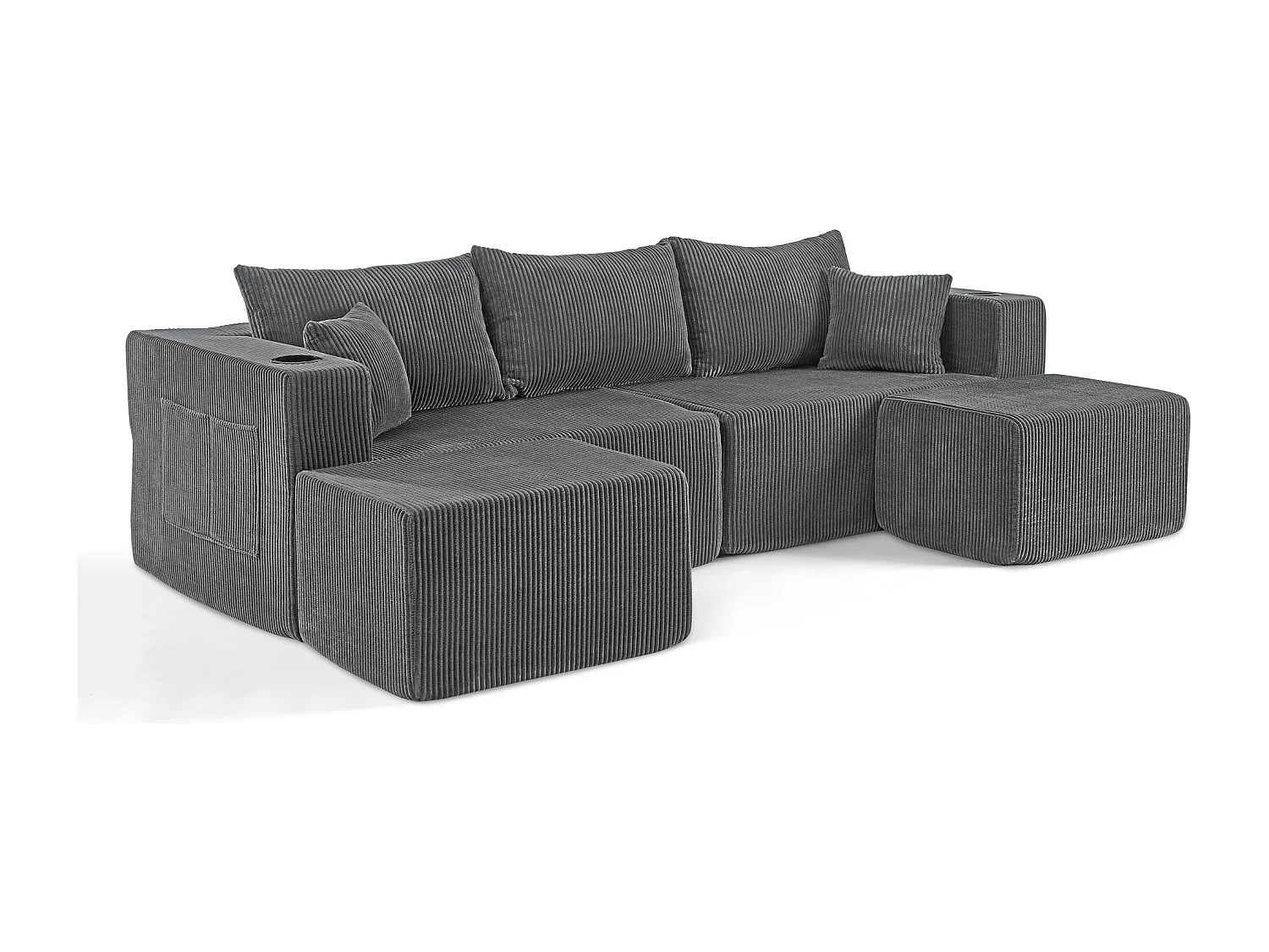 Canapé d'angle modulaire 3 places, compressé, avec ottoman, tissu velours côtelé, porte-gobelets, poche latérale et coussins, gris