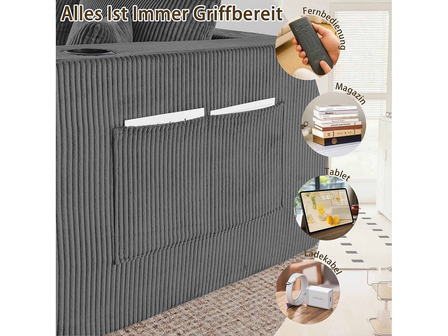 Canapé d'angle modulaire 3 places, compressé, avec ottoman, tissu velours côtelé, porte-gobelets, poche latérale et coussins, gris