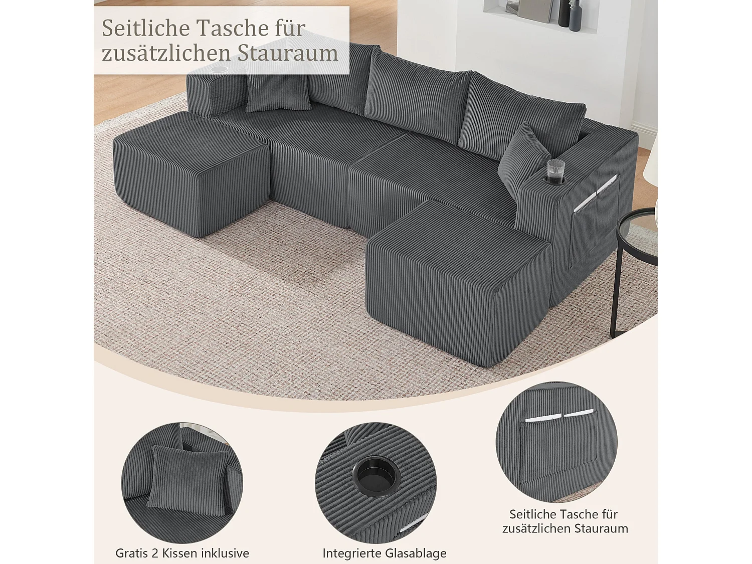 Canapé d'angle modulaire 3 places, compressé, avec ottoman, tissu velours côtelé, porte-gobelets, poche latérale et coussins, gris