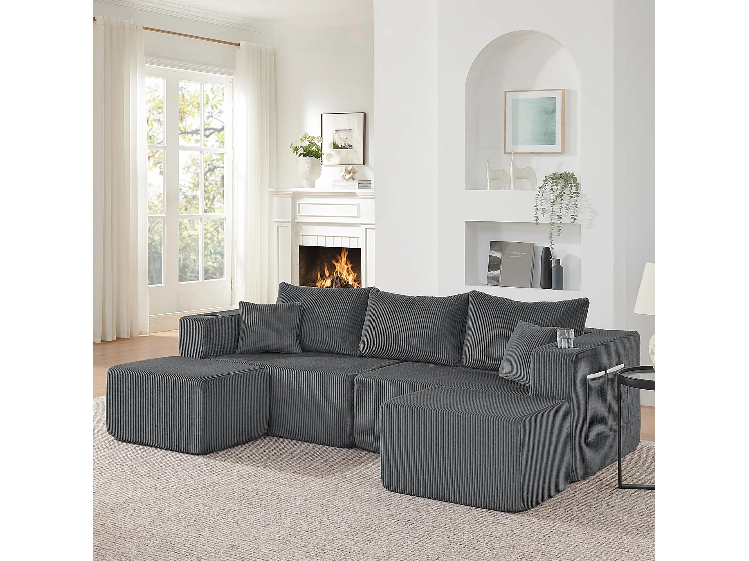 Canapé d'angle modulaire 3 places, compressé, avec ottoman, tissu velours côtelé, porte-gobelets, poche latérale et coussins, gris