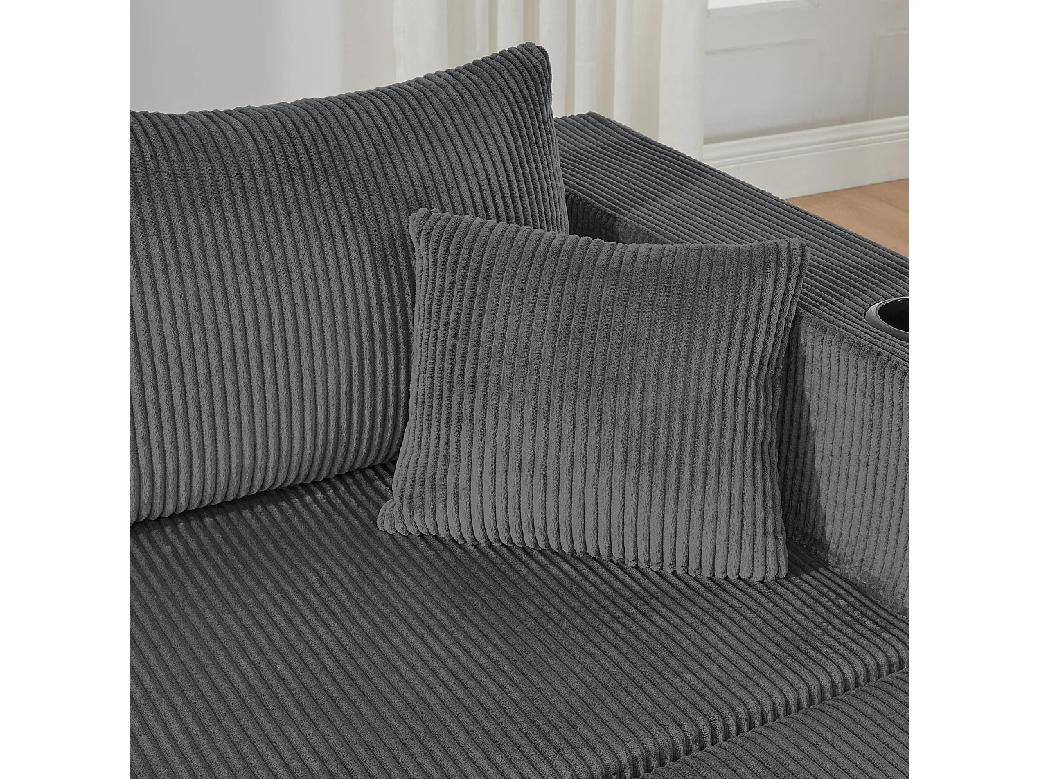 Canapé d'angle modulaire 3 places, compressé, avec ottoman, tissu velours côtelé, porte-gobelets, poche latérale et coussins, gris
