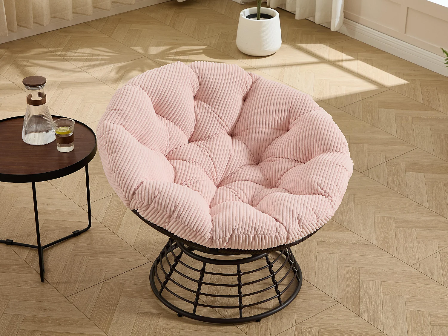 Fauteuil lounge papasan style bohème, pivotant 360° forme œuf en rotin PE avec coussin épais pour salon et balcon