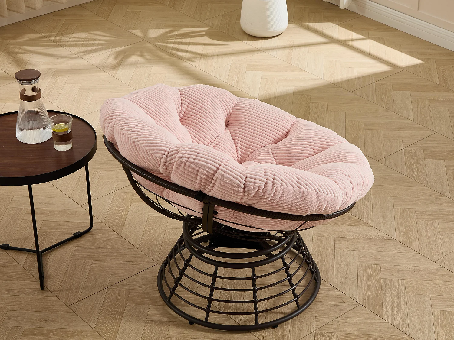 Fauteuil lounge papasan style bohème, pivotant 360° forme œuf en rotin PE avec coussin épais pour salon et balcon