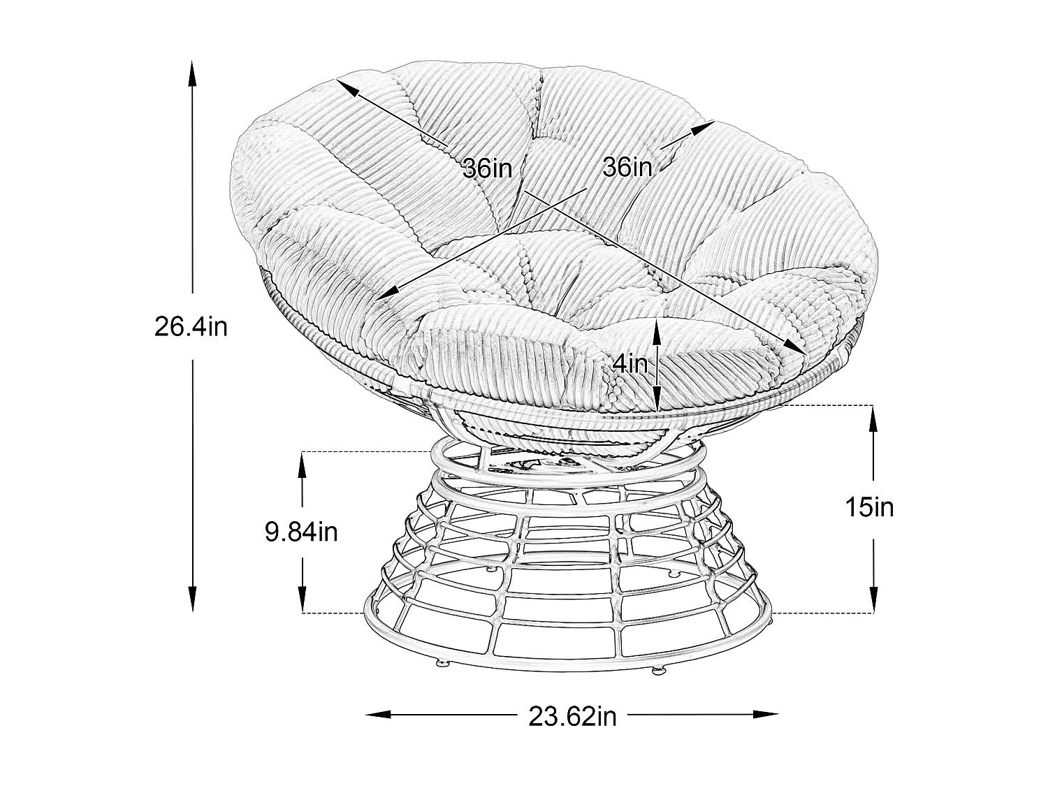 Fauteuil lounge papasan style bohème, pivotant 360° forme œuf en rotin PE avec coussin épais pour salon et balcon
